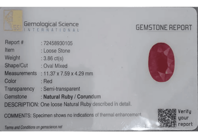 3.86ct Ruby Untreated Gemstone GSI Certified - SMSGEMS 