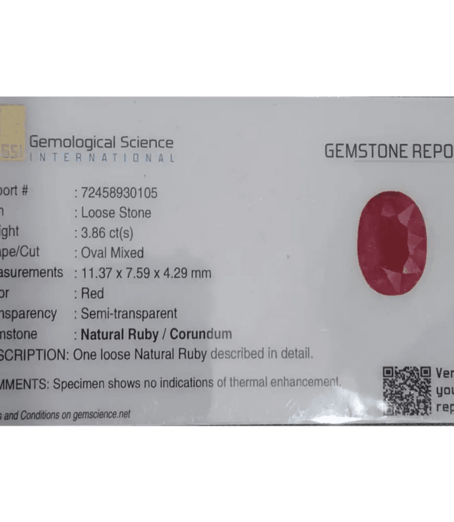 3.86ct Ruby Untreated Gemstone GSI Certified - SMSGEMS 