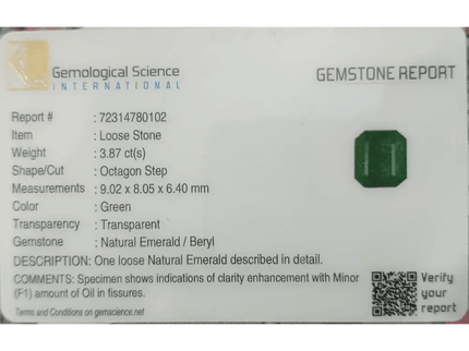 GSI Certified 3.87ct Deep Velvet Green Swat Emerald , Natural Earth Mined Gemstone - SMSGEMS 