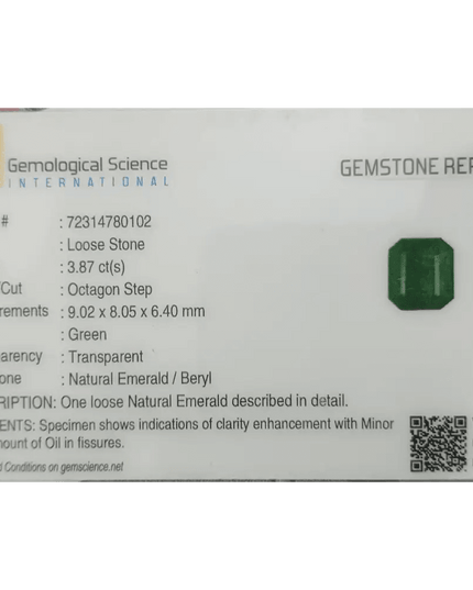 GSI Certified 3.87ct Deep Velvet Green Swat Emerald , Natural Earth Mined Gemstone - SMSGEMS 