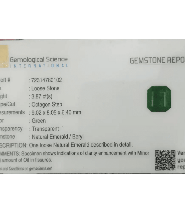 GSI Certified 3.87ct Deep Velvet Green Swat Emerald , Natural Earth Mined Gemstone - SMSGEMS 