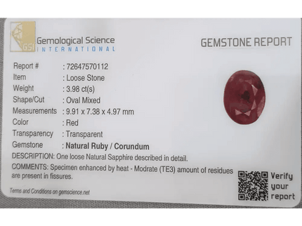 GSI Certified 3.98ct Sri Lanka Ruby, Natural Heated Gemstone - SMSGEMS 