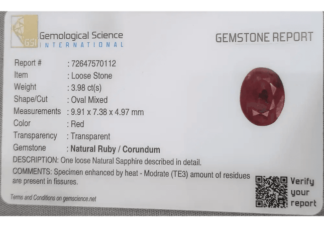 GSI Certified 3.98ct Sri Lanka Ruby, Natural Heated Gemstone - SMSGEMS 