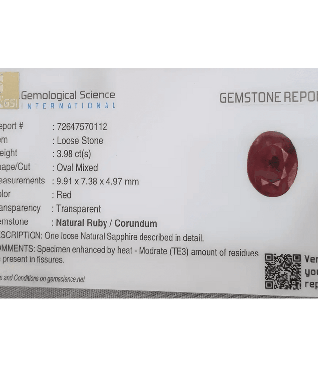 GSI Certified 3.98ct Sri Lanka Ruby, Natural Heated Gemstone - SMSGEMS 
