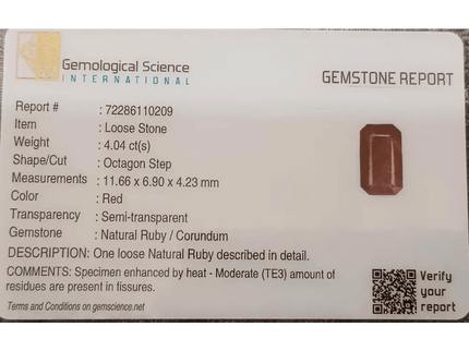 GSI Certified 4.04ct Maroon Red Ruby, Natural Gemstone - SMSGEMS 