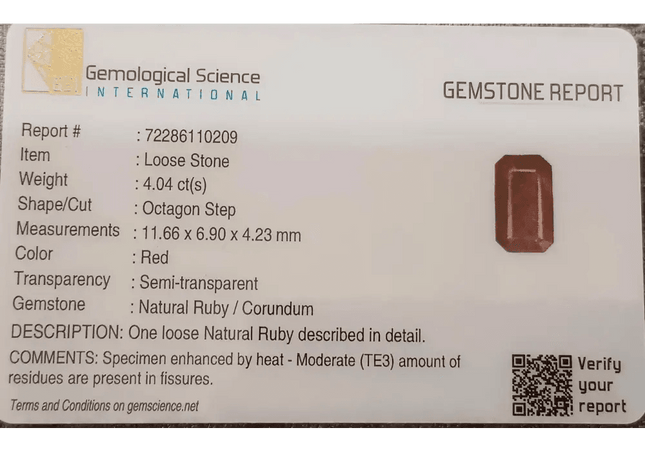GSI Certified 4.04ct Maroon Red Ruby, Natural Gemstone - SMSGEMS 