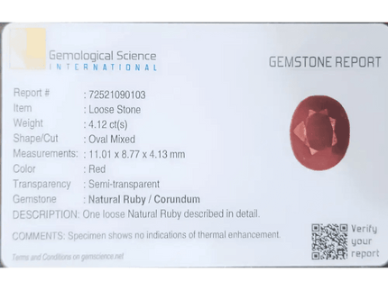 GSI Certified 4.12ct Ruby Natural Untreated Gemstone - SMSGEMS 