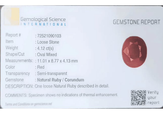 GSI Certified 4.12ct Ruby Natural Untreated Gemstone - SMSGEMS 