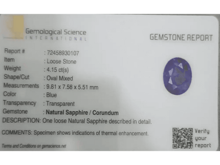 4.15ct Blue Ceylon Sapphire GSI Certified - SMSGEMS 