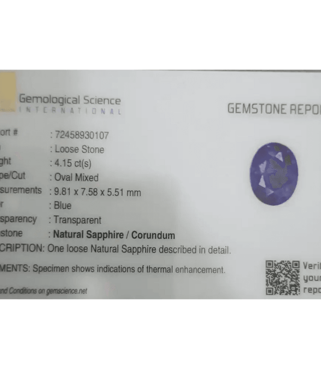 4.15ct Blue Ceylon Sapphire GSI Certified - SMSGEMS 