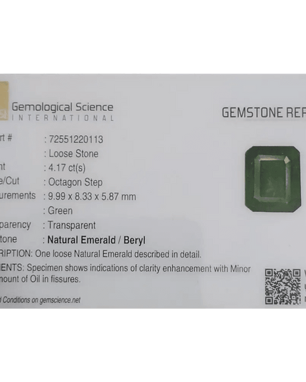 GSI Certified 4.17ct Velvet Green Emerald Natural Earth Mined Gemstone - SMSGEMS 