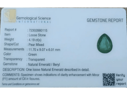 GSI Certified 4.19ct Medium Deep Zambian Emerald, Natural Earth Mined Gemstone - SMSGEMS 