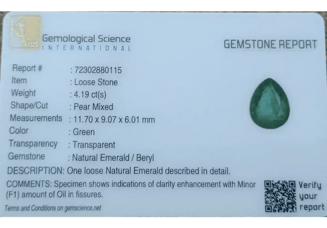GSI Certified 4.19ct Medium Deep Zambian Emerald, Natural Earth Mined Gemstone - SMSGEMS 