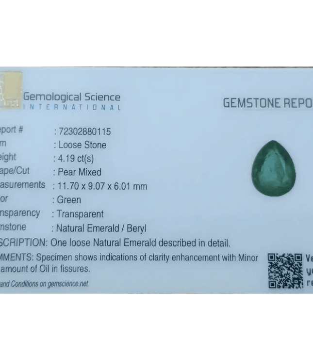 GSI Certified 4.19ct Medium Deep Zambian Emerald, Natural Earth Mined Gemstone - SMSGEMS 