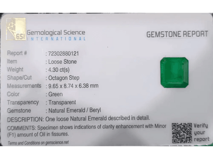 GSI Certified 4.30ct Velvet Green Colombian Emerald , Natural Earth Mined Gemstone - SMSGEMS 