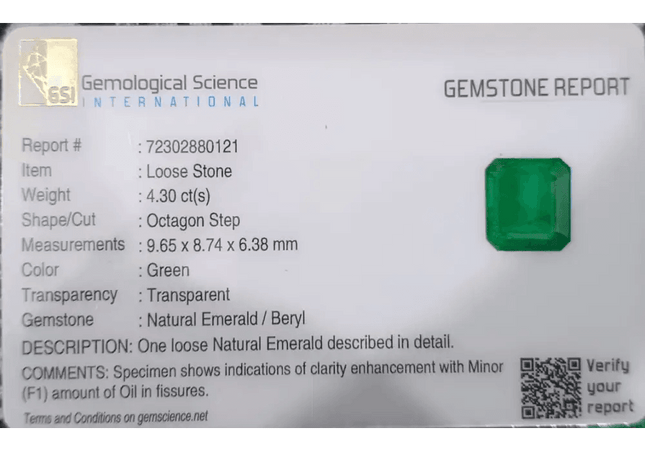 GSI Certified 4.30ct Velvet Green Colombian Emerald , Natural Earth Mined Gemstone - SMSGEMS 