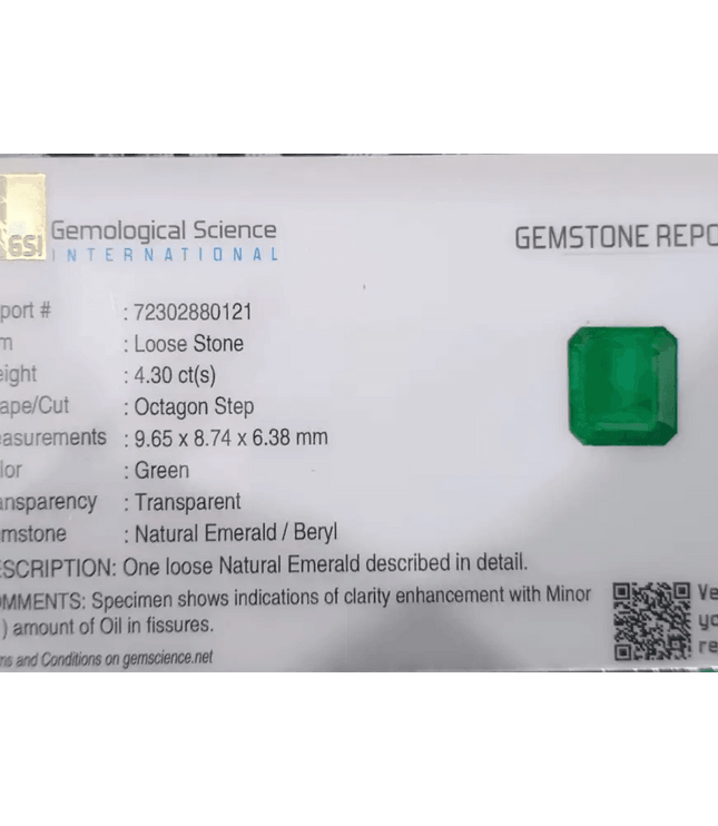 GSI Certified 4.30ct Velvet Green Colombian Emerald , Natural Earth Mined Gemstone - SMSGEMS 