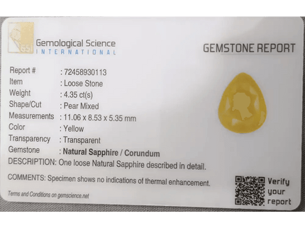 4.35ct Yellow Sapphire Natural Untreated Gemstone GSI Certified Ceylon - SMSGEMS 