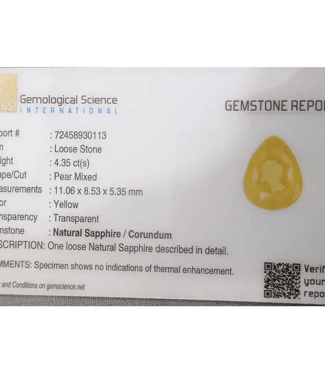 4.35ct Yellow Sapphire Natural Untreated Gemstone GSI Certified Ceylon - SMSGEMS 