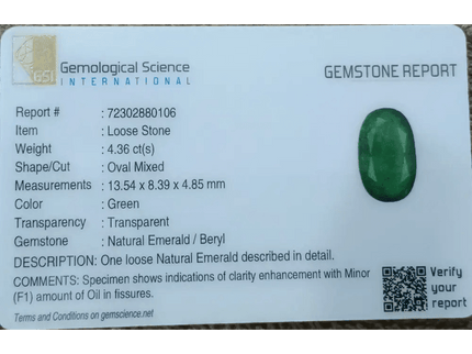 GSI Certified 4.36ct Deep Velvet Green Zambian Emerald , 100% Natural Earth Mined Gemstone. - SMSGEMS 