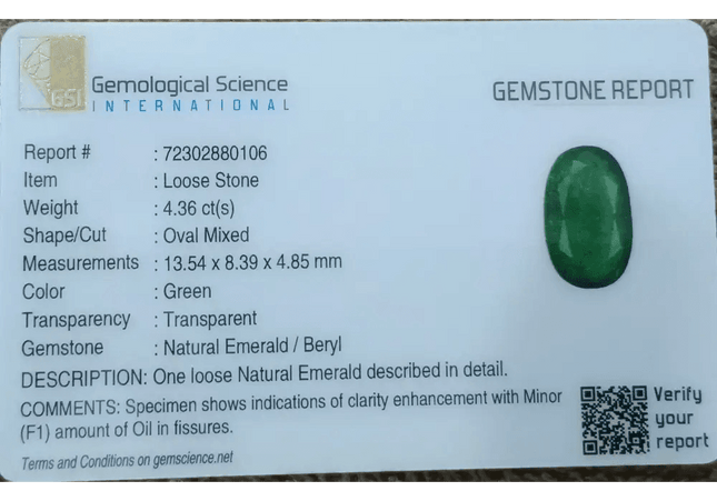 GSI Certified 4.36ct Deep Velvet Green Zambian Emerald , 100% Natural Earth Mined Gemstone. - SMSGEMS 