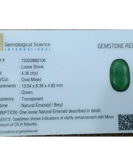 GSI Certified 4.36ct Deep Velvet Green Zambian Emerald , 100% Natural Earth Mined Gemstone. - SMSGEMS 