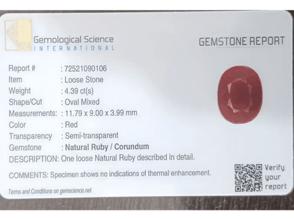 GSI Certified 4.39ct Ruby Natural Untreated Gemstone - SMSGEMS 