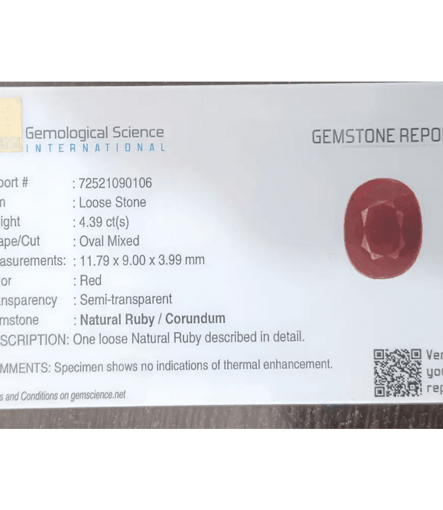 GSI Certified 4.39ct Ruby Natural Untreated Gemstone - SMSGEMS 