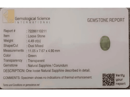 GSI Certified 4.49ct Green Ceylon Sapphire, Natural Untreated Gemstone - SMSGEMS 