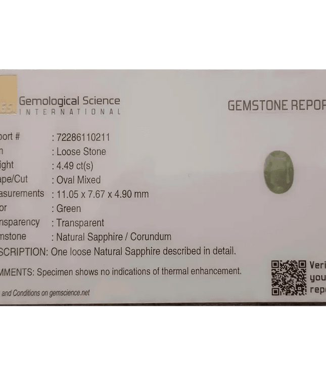 GSI Certified 4.49ct Green Ceylon Sapphire, Natural Untreated Gemstone - SMSGEMS 