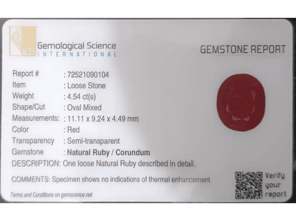 GSI Certified 4.54ct Ruby Natural Untreated Gemstone - SMSGEMS 