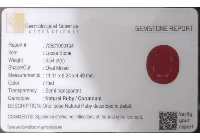 GSI Certified 4.54ct Ruby Natural Untreated Gemstone - SMSGEMS 