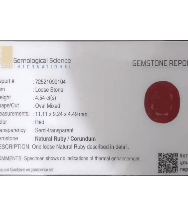 GSI Certified 4.54ct Ruby Natural Untreated Gemstone - SMSGEMS 