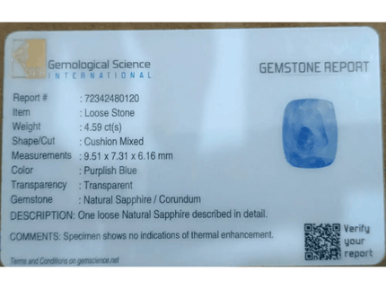 GSI Certified 4.59ct Blue Ceylon Sapphire, Natural untreated Gemstone - SMSGEMS 