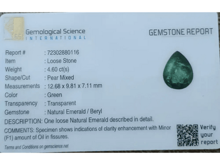 4.60ct Zambian Emerald Certified By GSI - SMSGEMS 