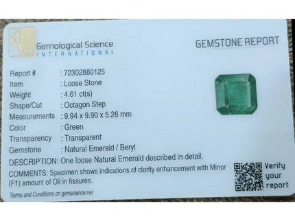 GSI Certified 4.62ct Deep Green Emerald , 100% Natural Gem - SMSGEMS 