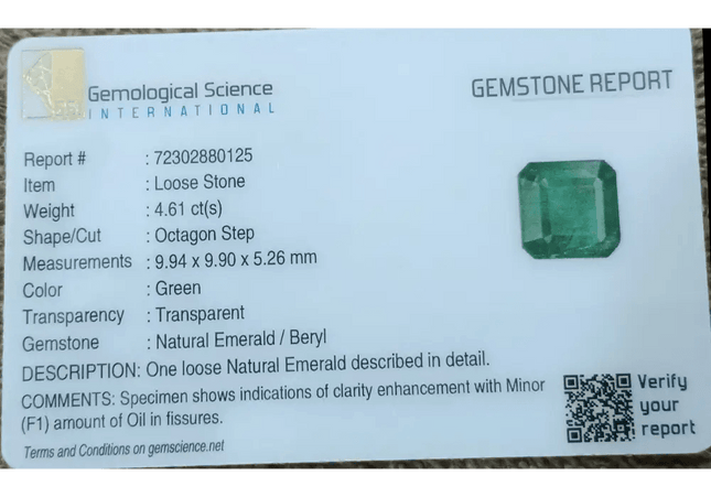 GSI Certified 4.62ct Deep Green Emerald , 100% Natural Gem - SMSGEMS 