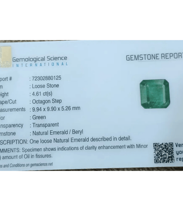 GSI Certified 4.62ct Deep Green Emerald , 100% Natural Gem - SMSGEMS 