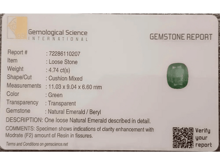 GSI Certified 4.74ct Zambian Emerald , 100% Natural Earth Mined Gemstone - SMSGEMS 