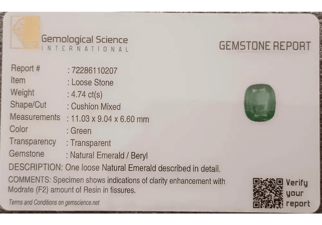 GSI Certified 4.74ct Zambian Emerald , 100% Natural Earth Mined Gemstone - SMSGEMS 