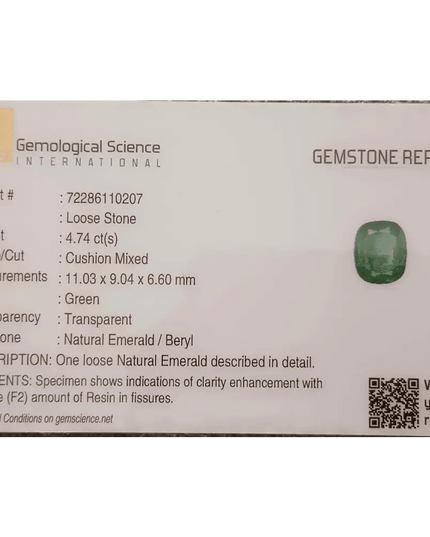 GSI Certified 4.74ct Zambian Emerald , 100% Natural Earth Mined Gemstone - SMSGEMS 
