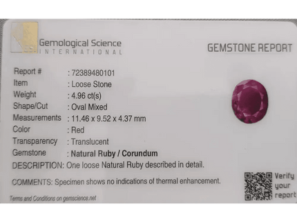 4.96ct Mozambique Ruby GSI Certified Natural Gemstone - SMSGEMS 