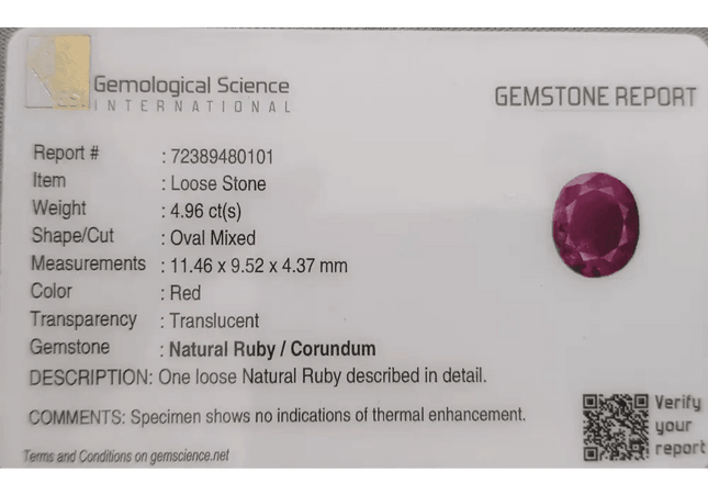 4.96ct Mozambique Ruby GSI Certified Natural Gemstone - SMSGEMS 