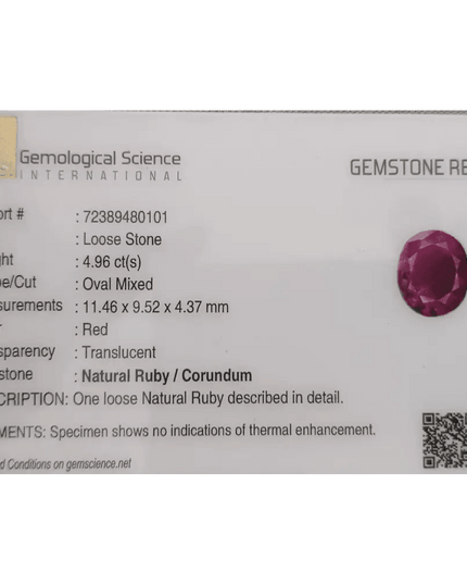 4.96ct Mozambique Ruby GSI Certified Natural Gemstone - SMSGEMS 