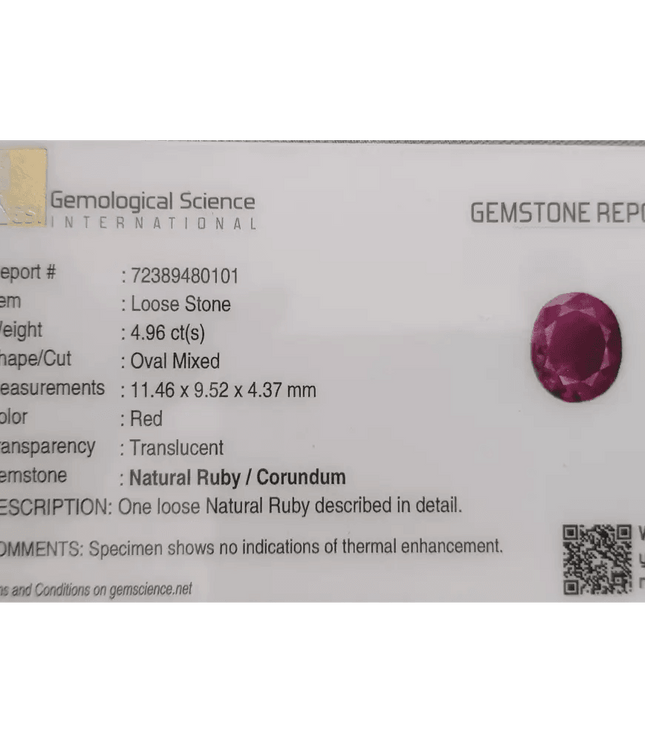4.96ct Mozambique Ruby GSI Certified Natural Gemstone - SMSGEMS 