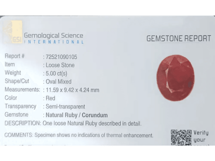 GSI Certified 5.00ct Ruby Natural Untreated Gemstone - SMSGEMS 