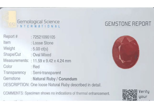 GSI Certified 5.00ct Ruby Natural Untreated Gemstone - SMSGEMS 