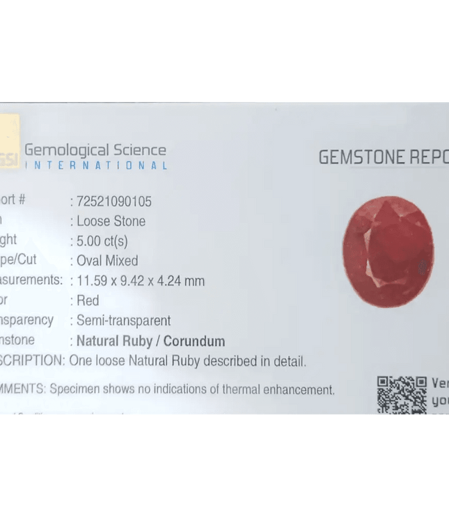 GSI Certified 5.00ct Ruby Natural Untreated Gemstone - SMSGEMS 
