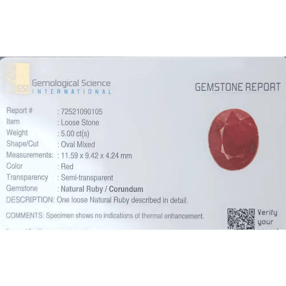 GSI Certified 5.00ct Ruby Natural Untreated Gemstone - SMSGEMS 