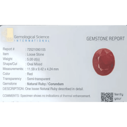 GSI Certified 5.00ct Ruby Natural Untreated Gemstone - SMSGEMS 